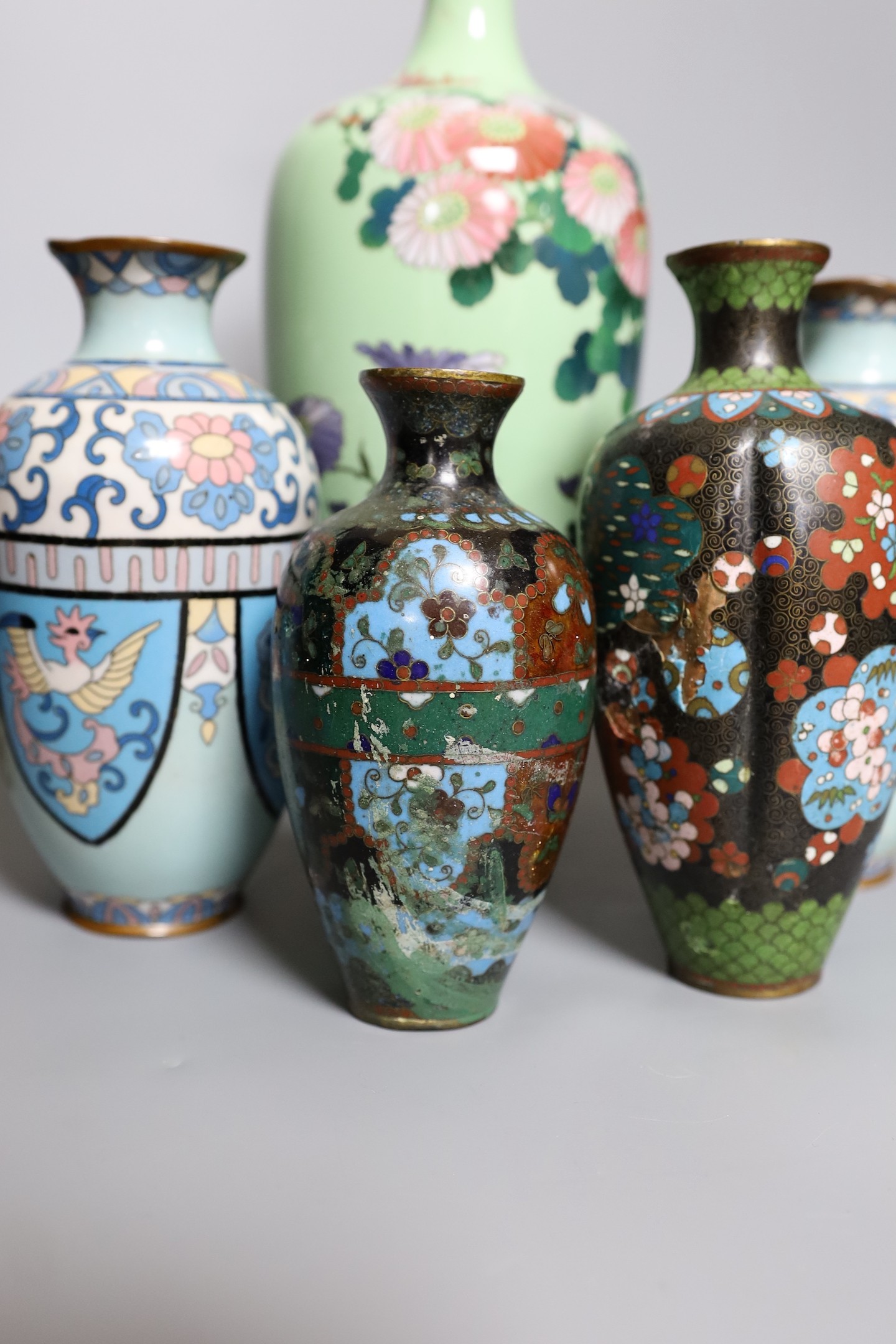 Assorted Japanese Meiji cloisonne vases, tallest 30cm